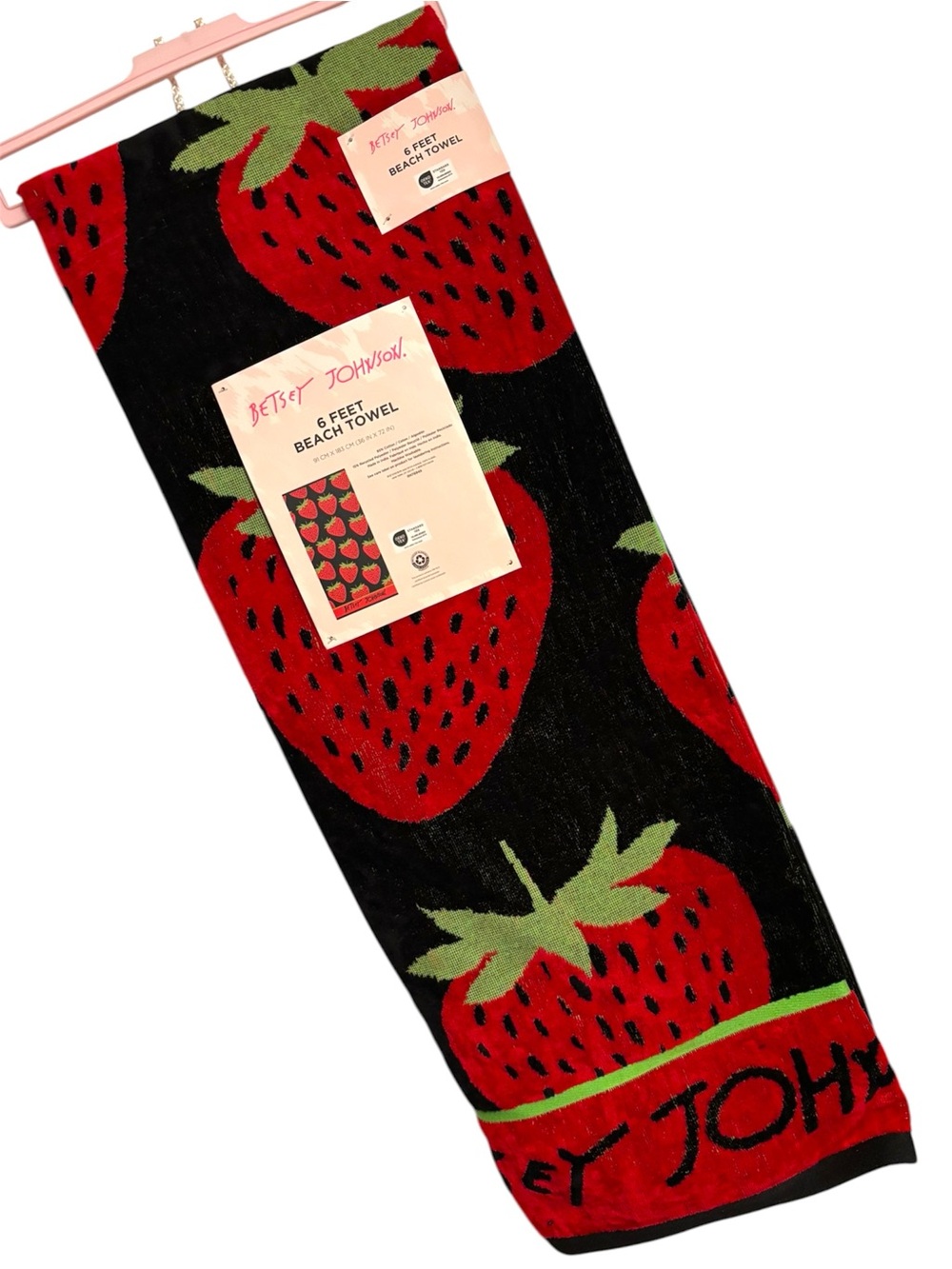 NWT•Betsey Johnson 6ft Black Beach Towel with Red Strawberry Print